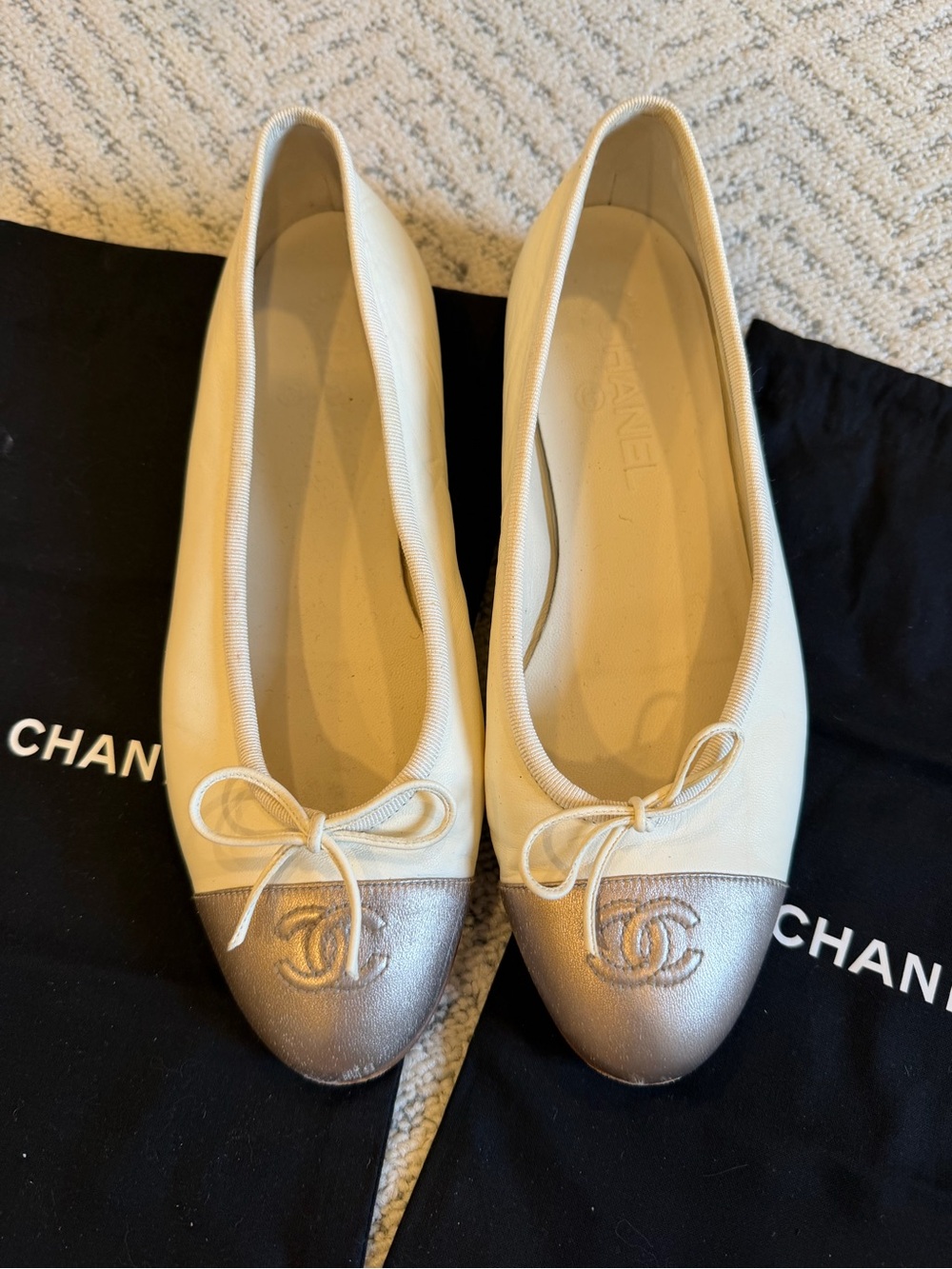 Chanel Ivory & Silver Metallic Leather CC Embroidered Cap Toe Ballerina Flats